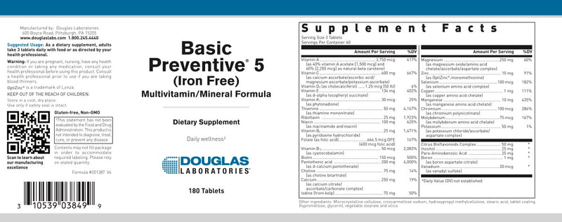 Basic Preventive® 5  Iron Free (180 tabs) by Douglas Laboratories