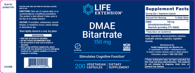 DMAE Bitartrate 150 mg, 200 veg caps by Life Extension