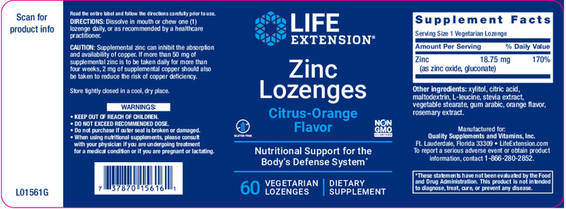 Zinc Lozenges (Citrus-Orange Flavor) 60 veg lozenges by Life Extension