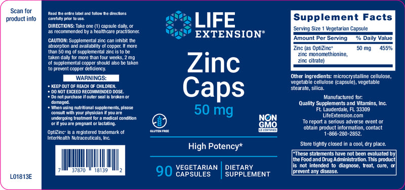 Zinc Caps 50 mg, 90 vegetarian capsules by Life Extension
