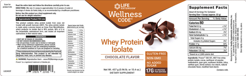 Wellness Code™ Whey Protein Isolate Chocolate 437gm/15.4oz gm By Life Extension