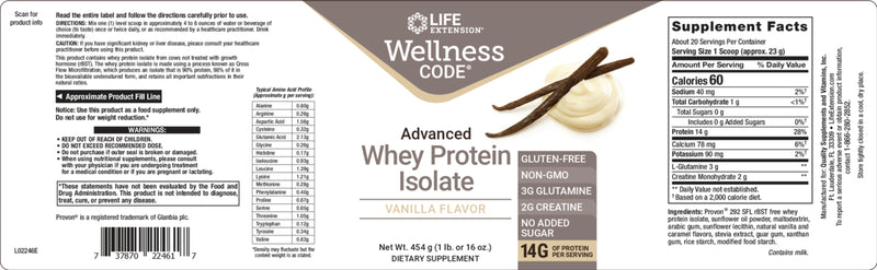 Wellness Code™ Advanced Whey Protein Isolate (Vanilla) 454g/16oz by Life Extension