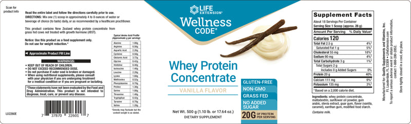 Wellness Code® Whey Protein Concentrate (Vanilla) 500g/17.64oz by Life Extension