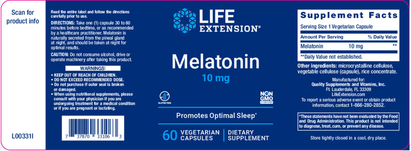 Melatonin 10 mg, 60 veg caps by Life Extension