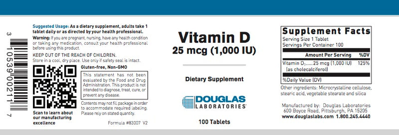 Vitamin D 25 mcg (1,000 I.U.) (100 tabs) by Douglas Laboratories