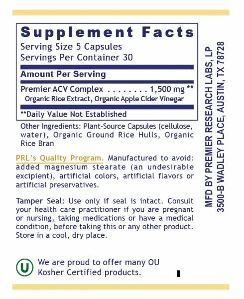 ACV - Apple Cider Vinegar  (150  Caps) - By Premier Research Labs