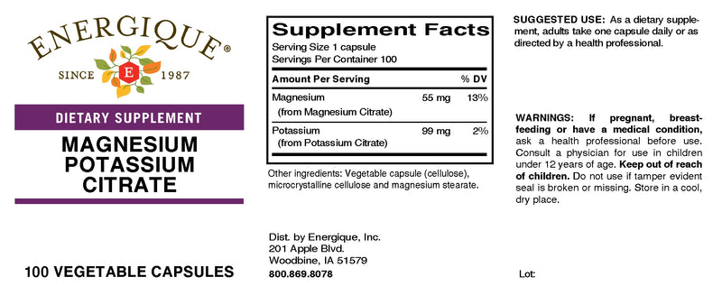 Magnesium Potassium 100 veg caps Citrate by Energique