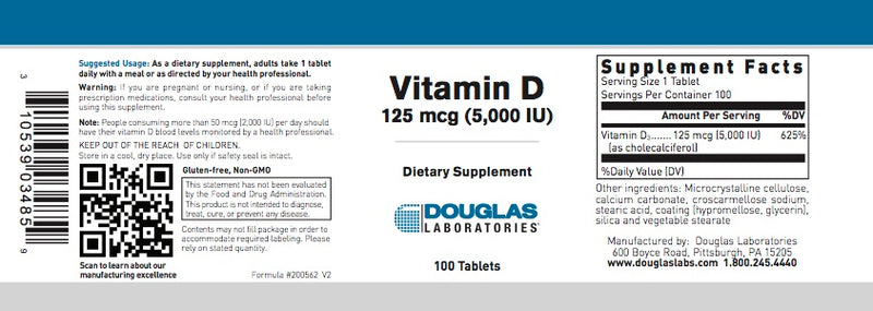 Vitamin D 125 mcg (5,000 I.U.) (100 tabs) by Douglas Laboratories