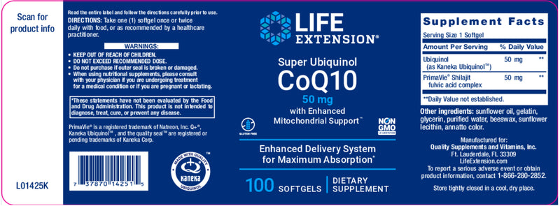 Super Ubiquinol CoQ10 W/ Enhanced Mitochondrial Support™50 mg 100 Softgels By Life Extension