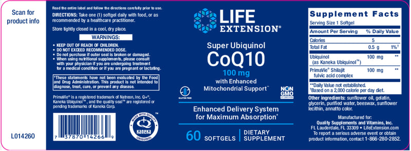 Super Ubiquinol CoQ10 W/ Enhanced Mitochondrial Support™100 mg, 60 softgels By Life Extension