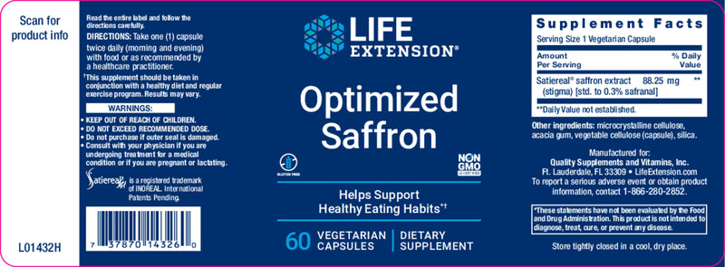 Optimized Saffron 60 veg caps By Life Extension