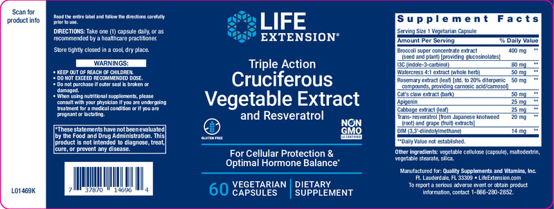 Triple Action Cruciferous Vegetable Extract and Resveratrol 60 veg caps by Life Extension
