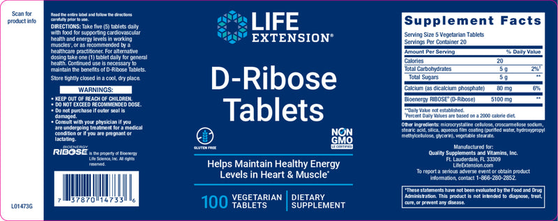 D-Ribose 100 veg tabs By Life Extension