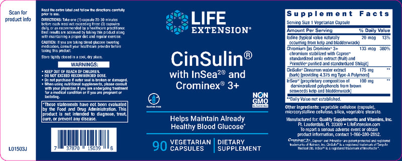 CinSulin® with InSea2® and Crominex® 3+90 veg caps by Life Extension