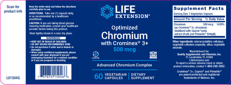 Optimized Chromium with Crominex® 3+500 mcg, 60 veg caps by Life Extension
