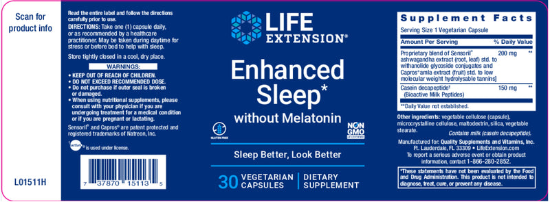 Enhanced Sleep without Melatonin 30 veg caps by Life Extension