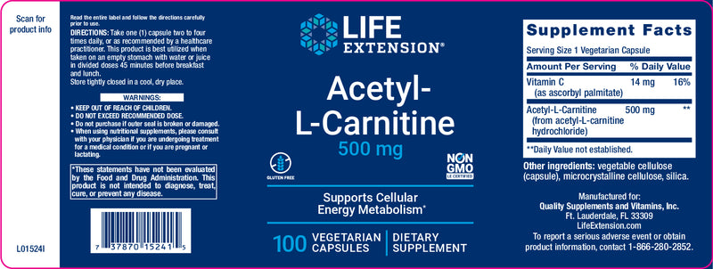 Acetyl-L-Carnitine 500 mg, 100 veg caps by Life Extension