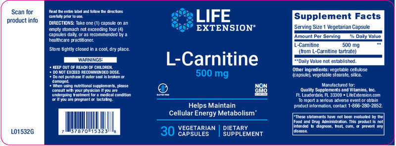 L-Carnitine 500 mg, 30 veg caps by Life Extension