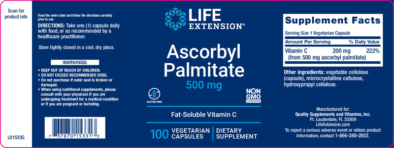 Ascorbyl Palmitate 500 mg, 100 veg caps by Life Extension