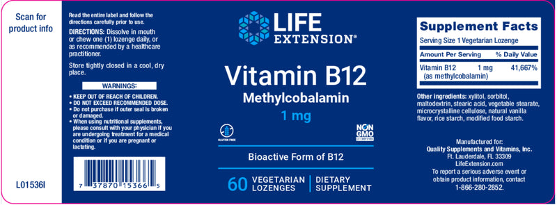 Vitamin B12 Methylcobalamin 1 mg, 60 veg lozenges by Life Extension