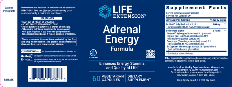 Adrenal Energy Formula 60 veg caps by Life Extension