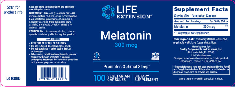 Melatonin 300 mcg, 100 vegetarian capsules by Life Extension