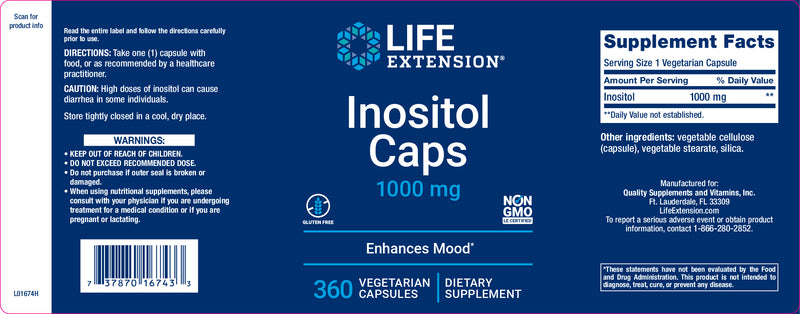 Inositol Caps 1000 mg, 360 vegetarian capsules by Life Extension
