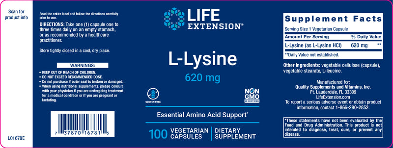 L-Lysine 620 mg, 100 vegetarian capsules by Life Extension