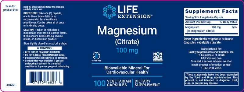 Magnesium (Citrate) 100 mg, 100 vegetarian capsules by Life Extension