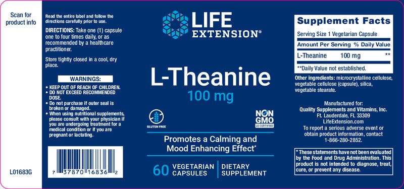L-Theanine 100 mg, 60 vegetarian capsules by Life Extension