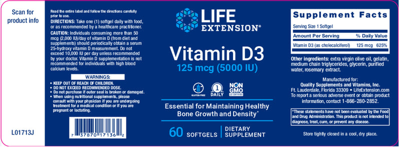 Vitamin D3 125 mcg (5000 IU), 60 softgels by Life Extension