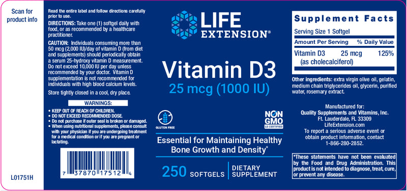 Vitamin D3 25 mcg (1000 IU), 250 softgels by Life Extension