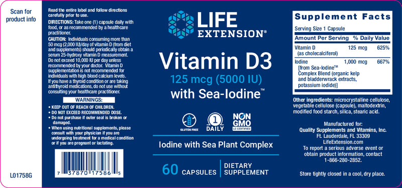 Vitamin D3 with Sea-Iodine™ 125 mcg (5000 IU), 60 capsules