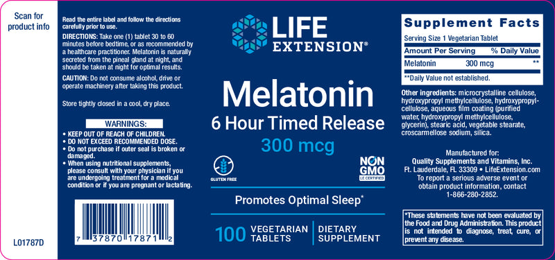 Melatonin 6 Hour Timed Release 300 mcg, 100 veg tabs by Life Extension
