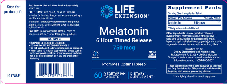 Melatonin 6 Hour Timed Release 750 mcg, 60 veg tabs by Life Extension