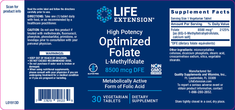 High Potency Optimized Folate 8500 mcg DFE, 30 veg tabs by Life Extension