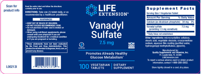 Vanadyl Sulfate 7.5 mg 100 veg caps by Life Extension
