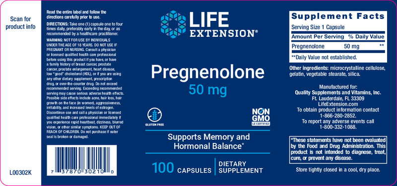 Pregnenolone 50 mg, 100 capsules By Life Extension