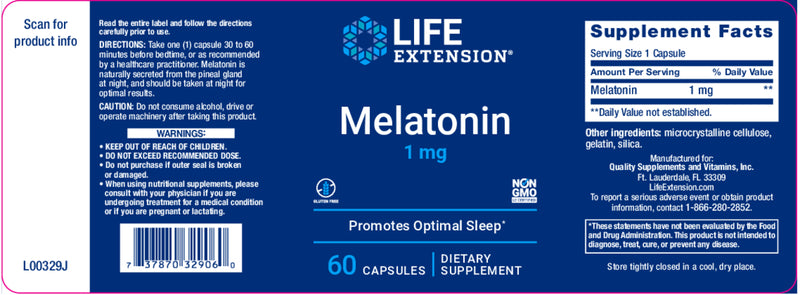 Melatonin 1mg 60 caps by Life Extension