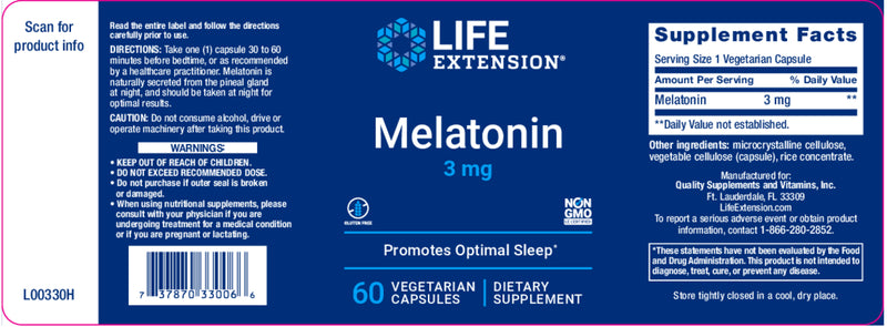 Melatonin 3 mg, 60 veg caps by Life Extension