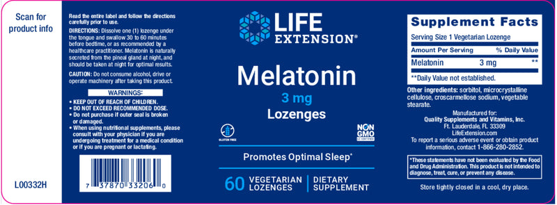Melatonin 3 mg, 60 veg lozenges by Life Extension