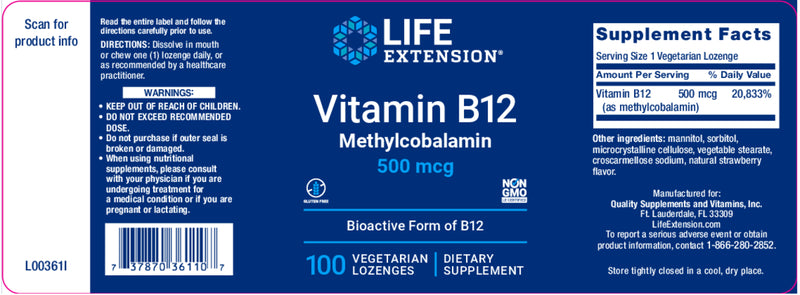 Vitamin B12 Methylcobalamin 500 mcg, 100 veg lozenges Strawberry by LIfe Extension