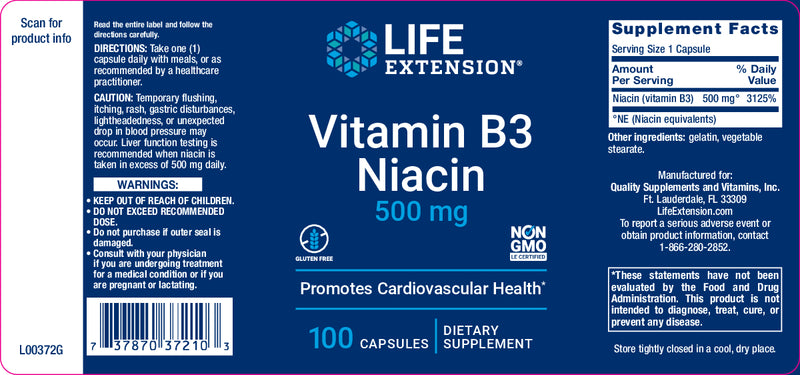 Vitamin B3 Niacin 500 mg, 100 caps by Life Extension