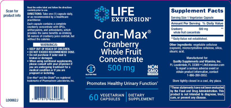 Cran-Max® 500 mg, 60 vegetarian capsules by Life Extension