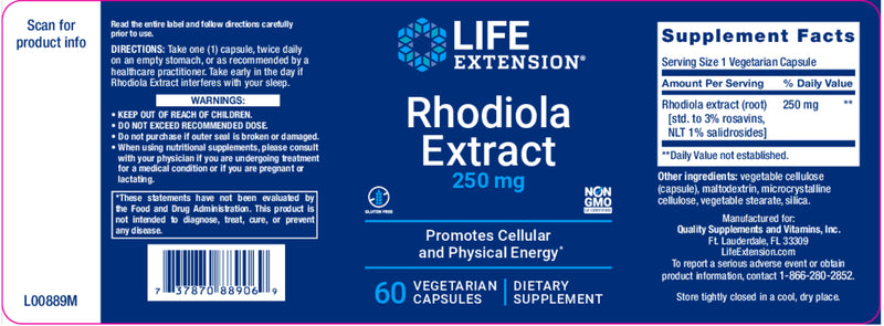 Rhodiola Extract 250 mg, 60 veg caps by Life Extension