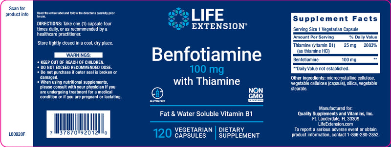 Benfotiamine with Thiamine 100 mg, 120 veg caps by Life Extension