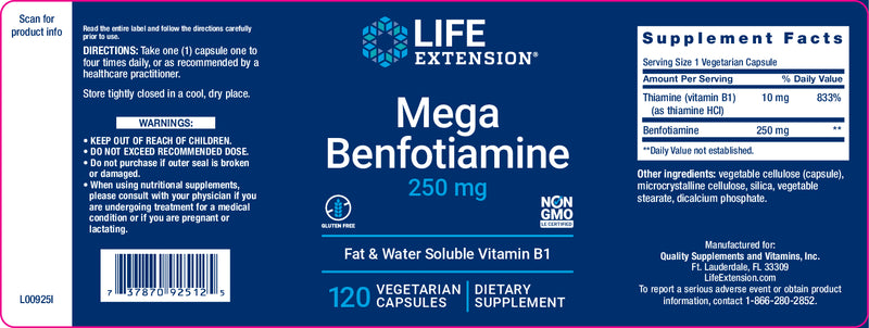 Mega Benfotiamine 250 mg, 120 veg caps by Life Extension