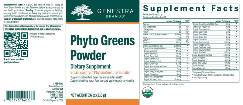 Phyto Greens Powder (organic) 216 g-by Genestra Brands