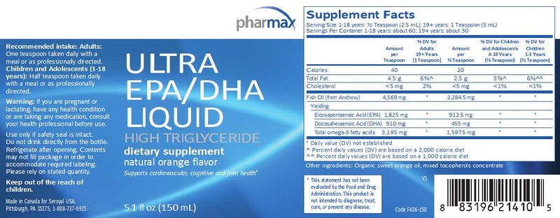 Ultra EPA/DHA Liquid (150 ml) by Pharmax