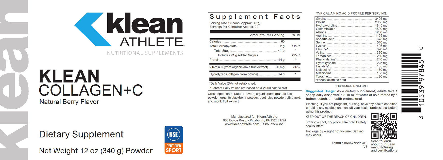 Klean Collagen+C Powder Natural Berry Flavor 340G by Douglas ...
